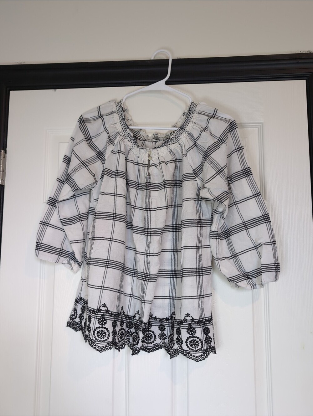 Large Women's Plaid 3/4 Sleeve Cotton Embroidered Blouse